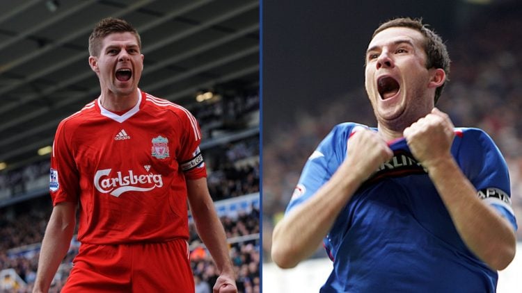 Split image of Steven Gerrard playing for Liverpool in 2010 and Barry Ferguson playing for Rangers
