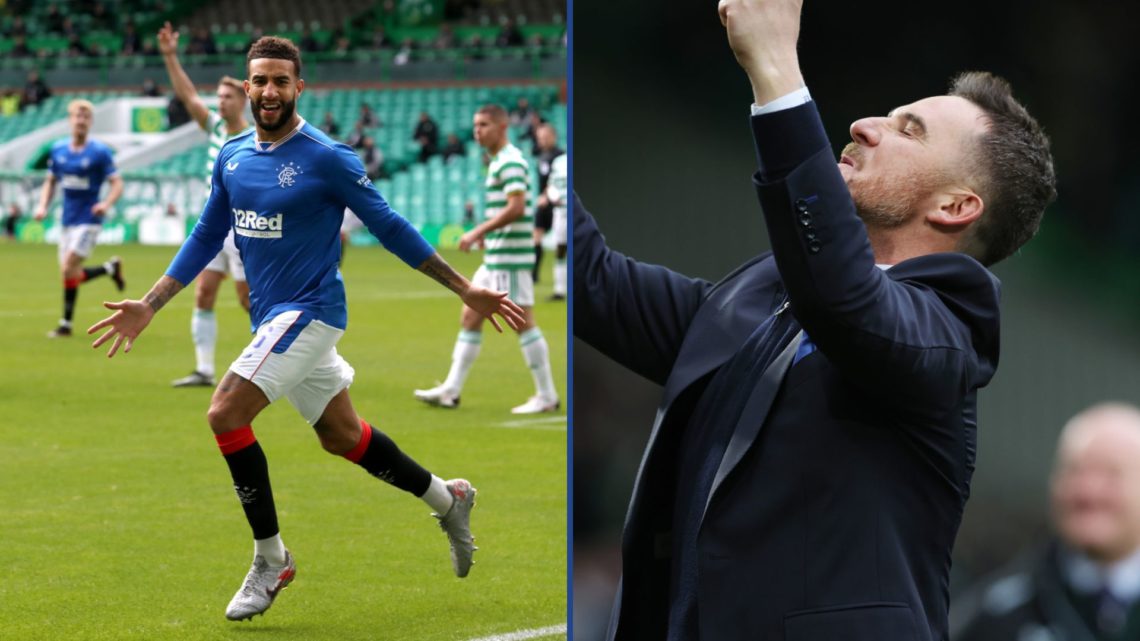 Connor Goldson against Celtic on left and Barry Ferguson celebrating vs Celtic on right