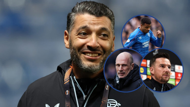 Issame Charai, Assistant Manager of Rangers FC, looks on, with three insets featuring Philippe Clement, Barry Ferguson, and Hamza Igamane.