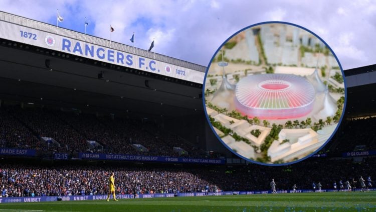 Ibrox Stadium in the background with inset on right of new Man Utd stadium design