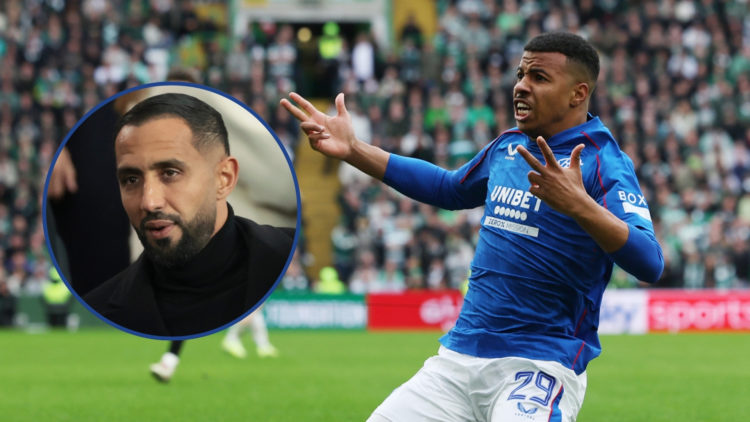 Hamza Igamane of Rangers celebrates scoring the winning goal during the William Hill Premiership match between Celtic FC and Rangers FC at Celtic P...