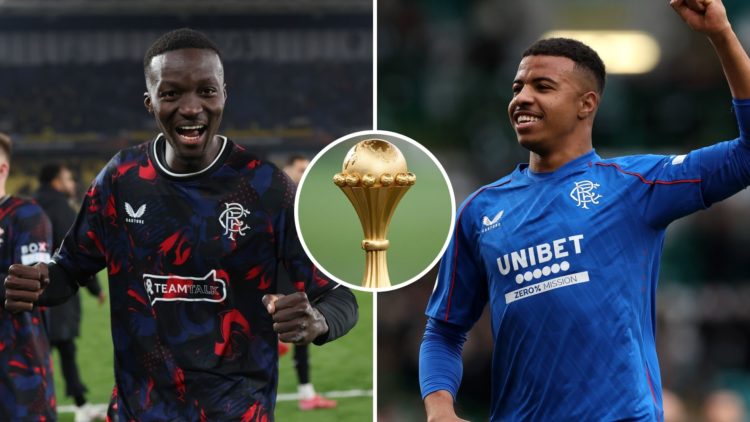 Hamza Igamane of Rangers FC celebrates victory, and Mohamed Diomande of Rangers FC celebrates after the UEFA Europa League 2024/25 Round of 16. Ins...