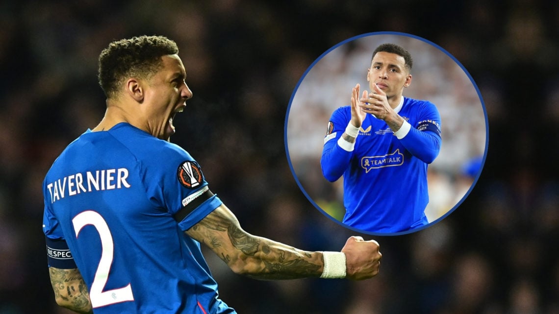 Rangers' James Tavernier celebrates during a penalty shootout during the UEFA Europa League 2024/25 Round of 16 Second Leg match between Rangers FC...