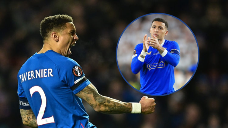 Rangers' James Tavernier celebrates during a penalty shootout during the UEFA Europa League 2024/25 Round of 16 Second Leg match between Rangers FC...