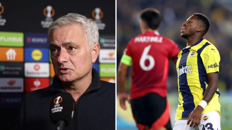 Split image of Jose Mourinho talking after Fenerbahce’s Europa League defeat to Rangers and an image of Fenerbache midfielder Fred playing against ...