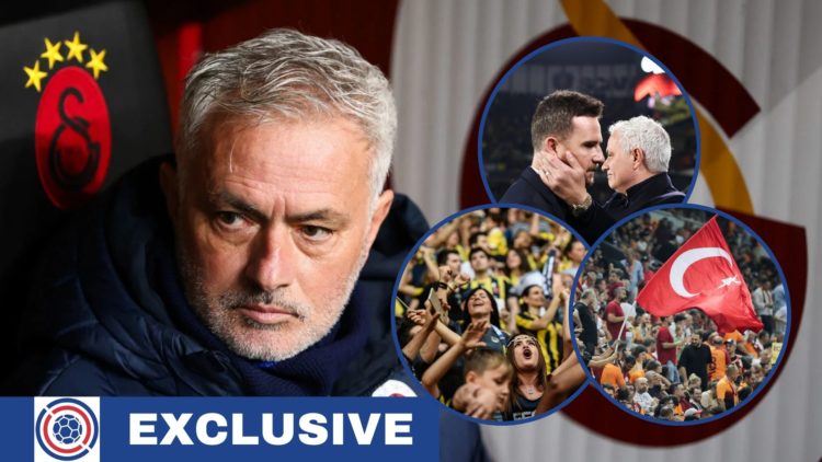 Image of Jose Mourinho with insets of Galatasaray fans, Fenerbahce fans and Barry Ferguson embracing Mourinho.