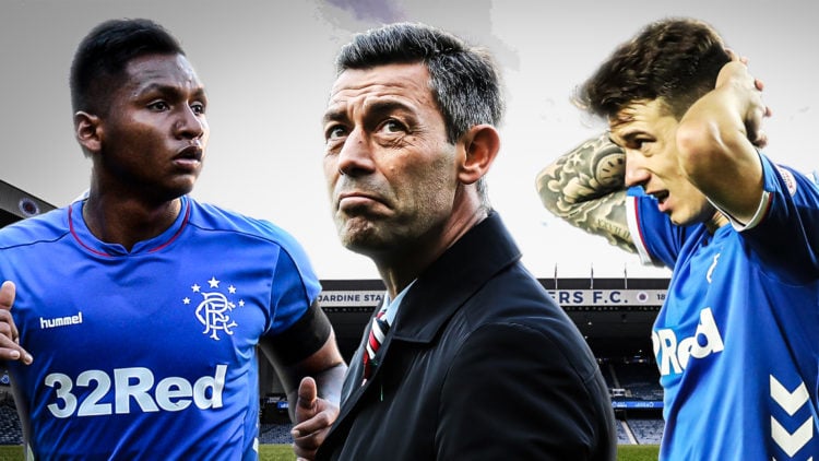 Alfredo Morelos, Pedro Caixinha and Ryan Jack with Ibrox in background