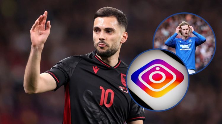 Picture of Nedim Bajrami playing with Albania with inset of Todd Cantwell and Instagram logo. GettyIDs: 2206396913/2149549785/