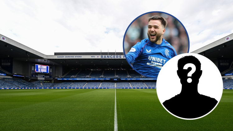 Ibrox Stadium with two insets – one of Nicolas Raskin and the other of a mystery player silhouette.
