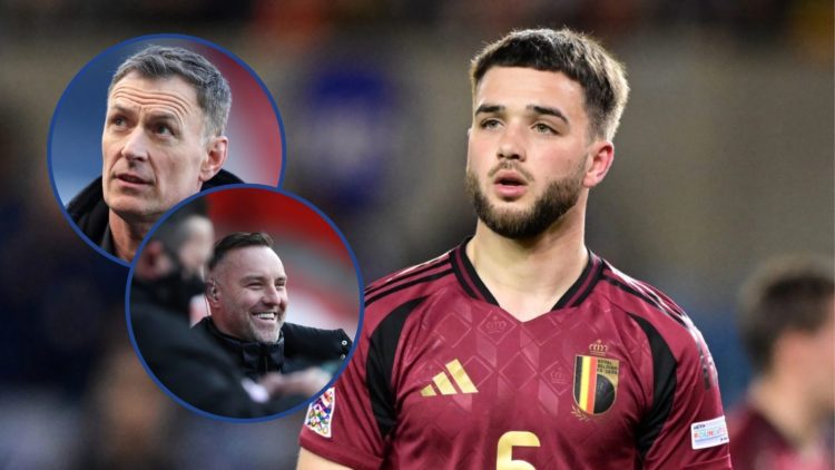 Photo of Nicolas Raskin playing for Belgium with insets of Kris Boyd and Chris Sutton.