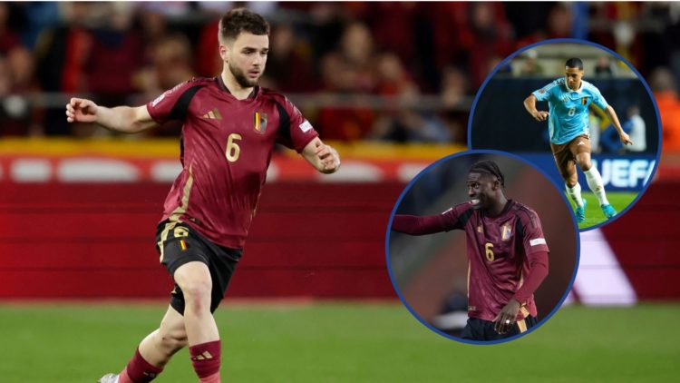 Image of Nicolas Raskin playing with Belgium with insets of Amadou Onana and Youri Tielemans.