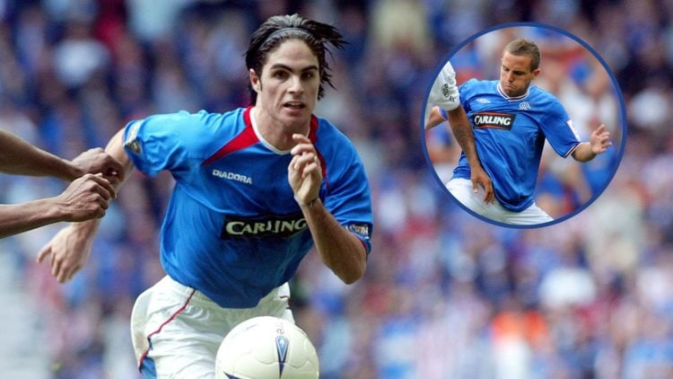 Main image, Mikel Arteta of Glasgow Rangers and Didier Agathe of Glasgow Celtic challenge during the Scottish Premiership match between Glasgow Ran...