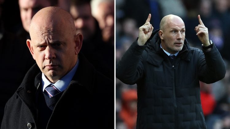 Split image of Patrick Stewart, CEO of Rangers Football Club attends a commemorative service in memory of victims of the Ibrox Disaster ahead of th...