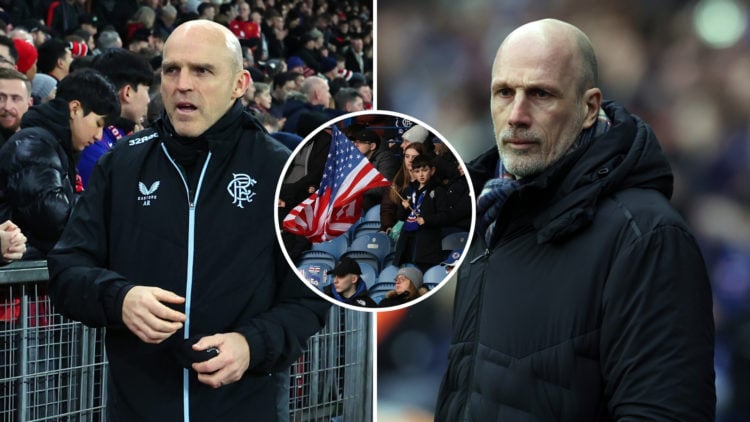 Split image of Rangers assistant coach Alex Rae during the UEFA Europa League 2024/25 League Phase MD7 match between Manchester United and Rangers ...