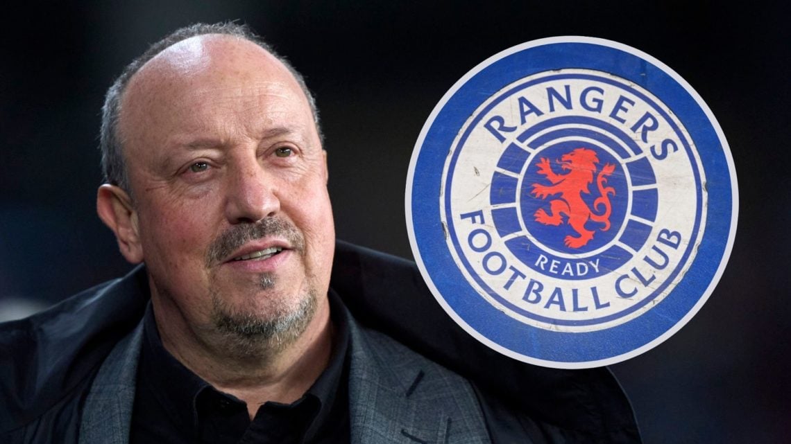 Smiling Rafa Benitez with Rangers badge inset to his right