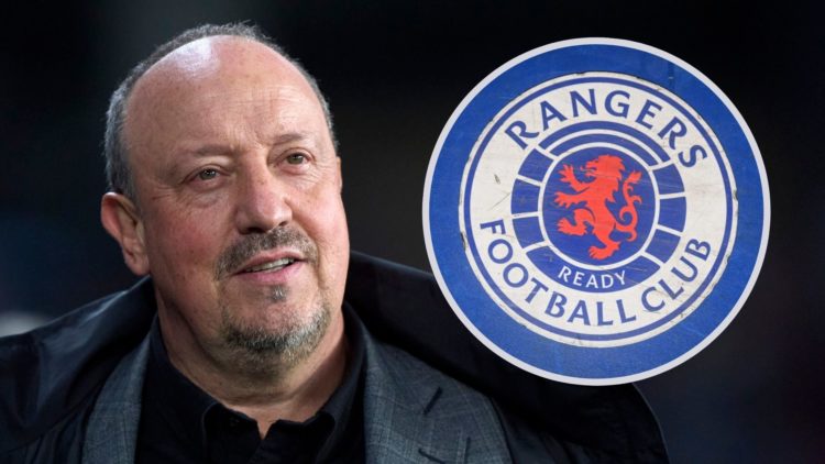 Smiling Rafa Benitez with Rangers badge inset to his right