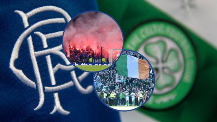 Rangers and Celtic badges in background with Rangers and Celtic fans inset centre