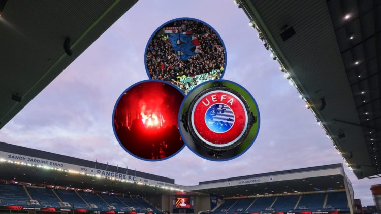Ibrox in background with Rangers fans, pyro and UEFA logo all inset centre