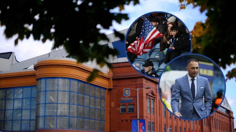 Image of Rangers fans at Ibrox with insets of fan holding USA flag and Paraag Marathe.