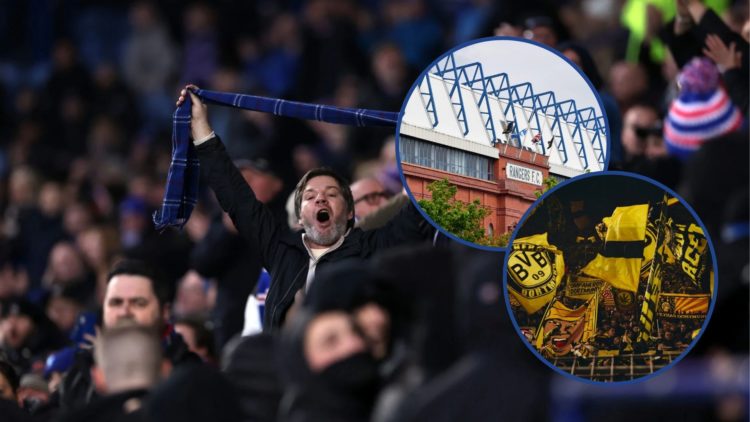 Rangers fan in Ibrox crowd with insets of Borussia Dortmund fans and Ibrox Stadium from the outside.