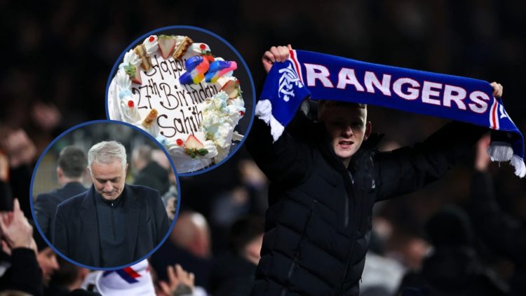 Image of Rangers fan at Ibrox with insets of Jose Mourinho and a birthday cake.