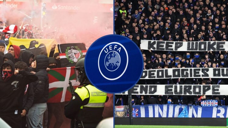 Split of Rangers fan banner v Fenerbahce and Athletic Bilbao fans clashing with police with inset of UEFA logo.