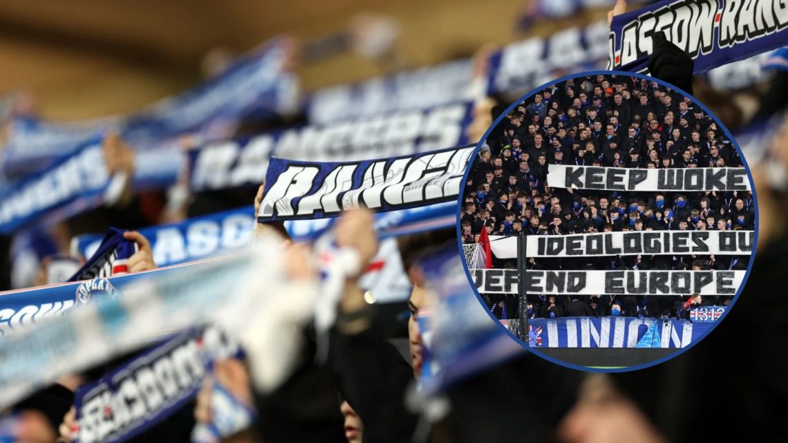 Image of Rangers fans at Ibrox with inset of Fenerbahce banner subject to UEFA charge.