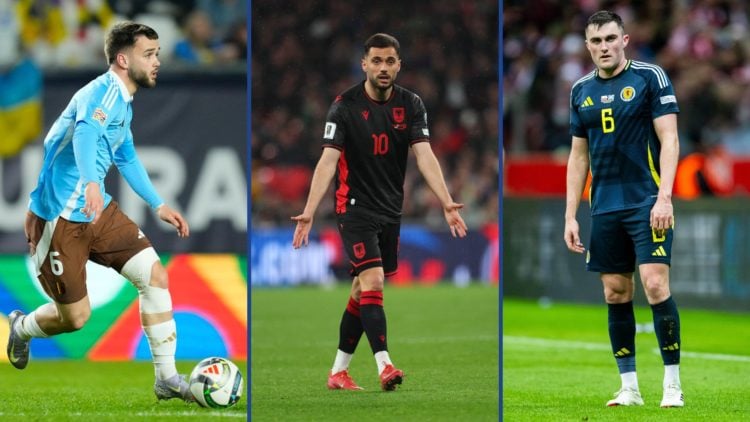 Split images of Nicolas Raskin central midfield of Belgium and Rangers FC during the UEFA Nations League 2024/25, Nedim Bajrami of Albania during t...