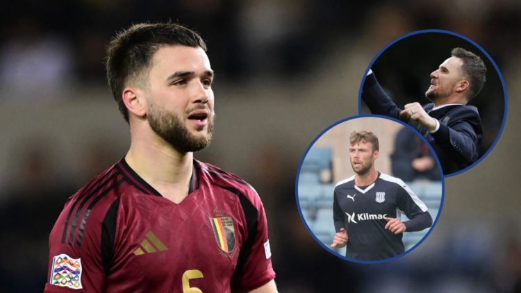 Picture of Belgian midfielder Nicolas Raskin with insets of Rory Loy and Barry Ferguson.