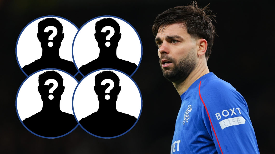 Robin Propper of Rangers looking on during the UEFA Europa League, with four insets of mystery player silhouettes.