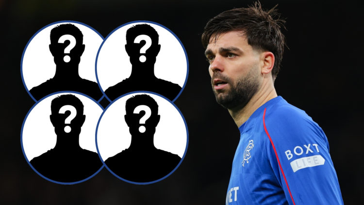 Robin Propper of Rangers looking on during the UEFA Europa League, with four insets of mystery player silhouettes.