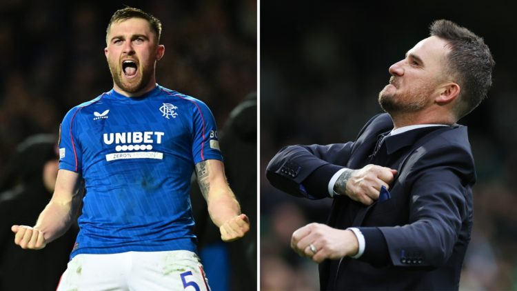 Split image of John Souttar celebrating with Mohamed Diomande of Rangers FC (left) and Rangers interim head coach Barry Ferguson reacting at full-t...