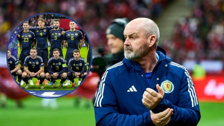 Image of Scotland manager Steve Clarke with image of Scotland XI v Poland.