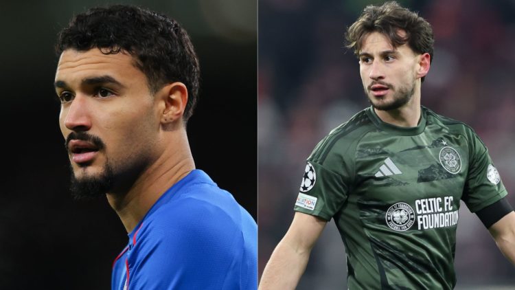 Two way split image of (L) Jefte in action for Rangers against Manchester United and (R) Celtic's Nicolas Kuhn playing against Bayern Munich.