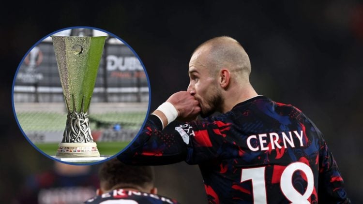 Image of Vaclav Cerny scoring v Fenerbahce with inset of Europa League trophy.
