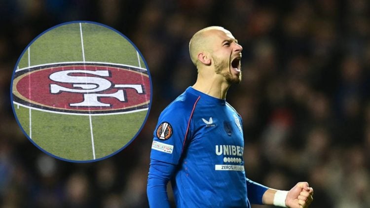 Picture of Vaclav Cerny with inset of San Francisco 49ers logo.