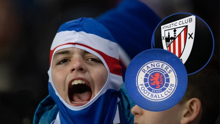 Image of Rangers fan celebrating at Ibrox with insets of Rangers and Athletic Bilbao crests.
