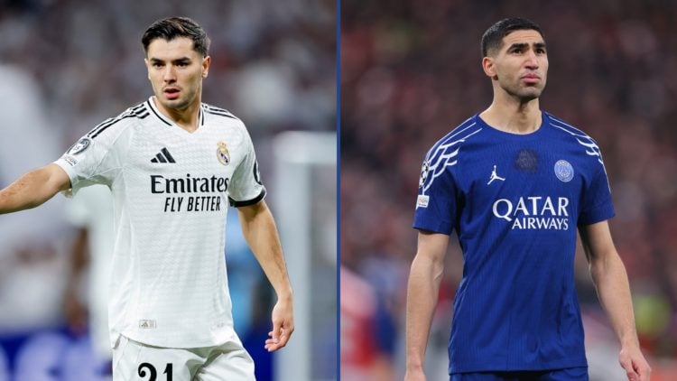 Split image of Brahim Díaz of Real Madrid gesturing during the UEFA Champions League (left) and Achraf Hakimi of Paris Saint-Germain during the UEF...