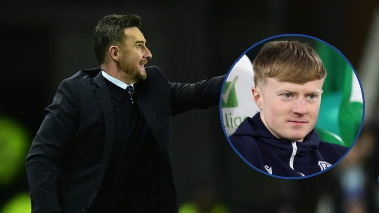 Rangers manager Barry Ferguson reacts during a UEFA Europa League match, with an inset of Lyall Cameron of Dundee FC looking on.
