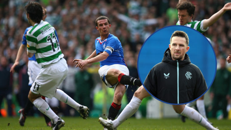 Barry Ferguson playing against Celtic in 2008, with an inset of Barry Ferguson as manager of Rangers.