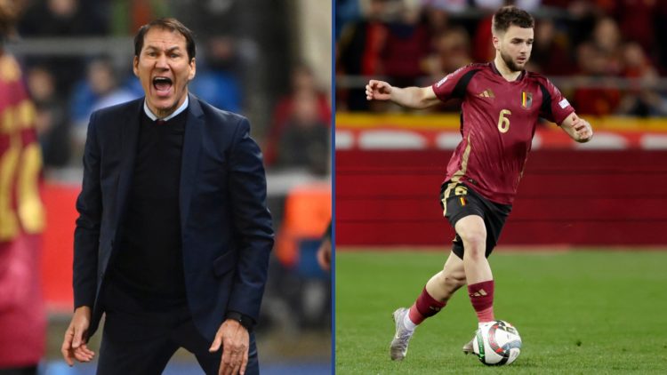 Split image of Rudi Garcia (left) and Nicolas Raskin from Belgium’s win over Ukraine (right).