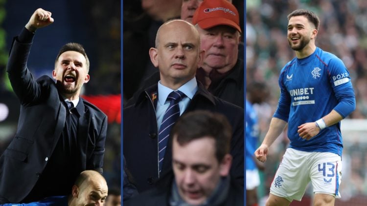 Image of Barry Ferguson, Head Coach of Rangers FC, celebrates following victory in UEFA Europa League with images of Rangers CEO Patrick Stewart an...