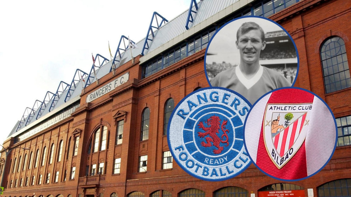 Ibrox Stadium outside view with three insets: Sir Alex Ferguson from his playing days, the Rangers badge, and the Athletic Bilbao badge.