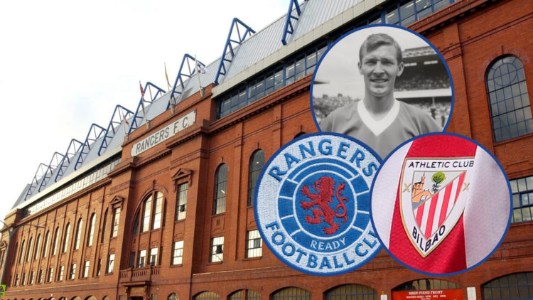 Ibrox Stadium outside view with three insets: Sir Alex Ferguson from his playing days, the Rangers badge, and the Athletic Bilbao badge.