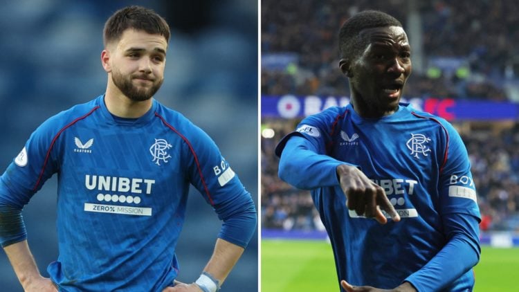Split image of Nicolas Raskin of Rangers at full time (left), while Mohammed Diomande of Rangers celebrates after scoring (right).