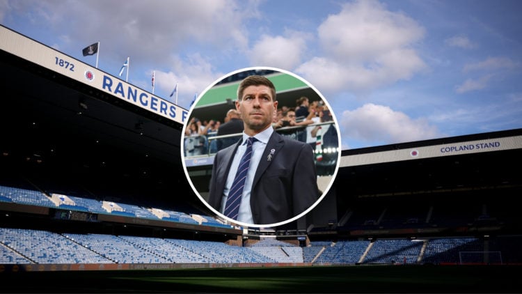 Ibrox Stadium with a central inset of Steven Gerrard looking on during a UEFA Europa League match.