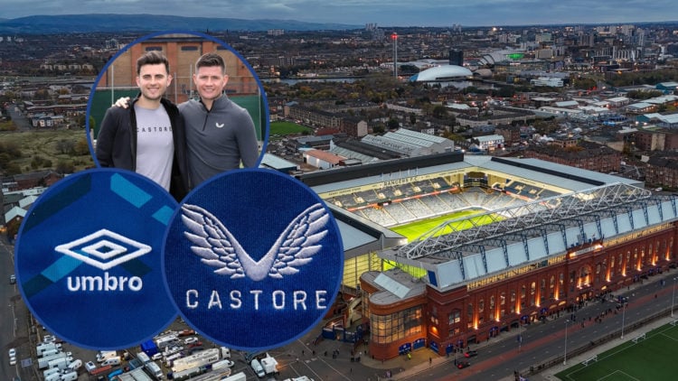 Ibrox Stadium exterior with three insets: one of Tom Beahon (Castore founder), one of the Castore badge, and one of the Umbro badge.