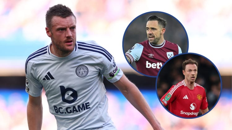 Vardy looks on during a Premier League match, with insets of Danny Ings and Jonny Evans.