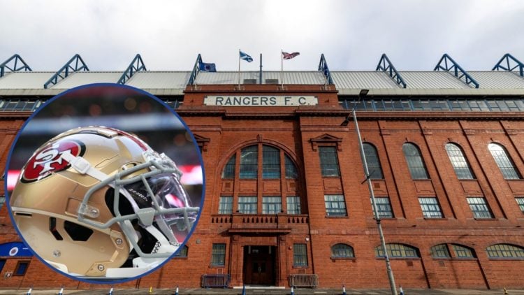 Image of Ibrox Stadium with inset of San Francisco 49ers helmet (L).