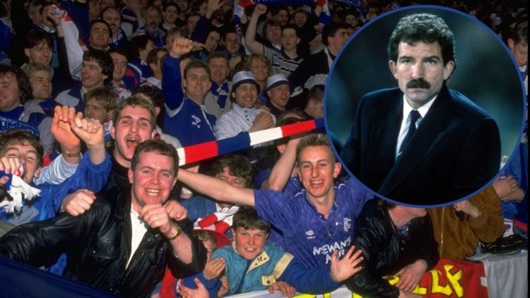 Large image of Rangers fans celebrating at Ibrox Park in 1990 with inset (R) of Graeme Souness.